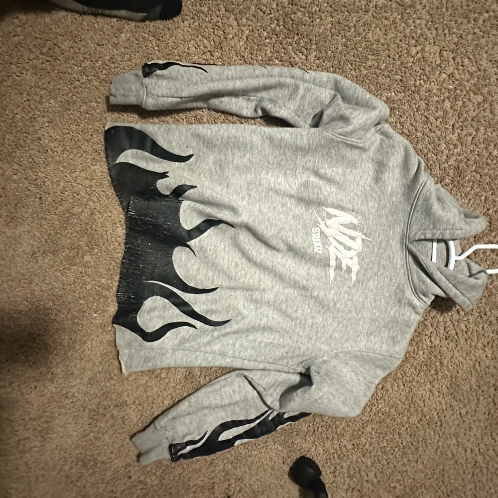 Gray Hoodie with Black Flame Design